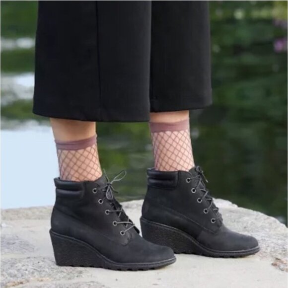 Timberland Amston Black Suede Wedge Heel Boots Womens Sz 7 Lace Up Ankle Booties - Picture 1 of 12